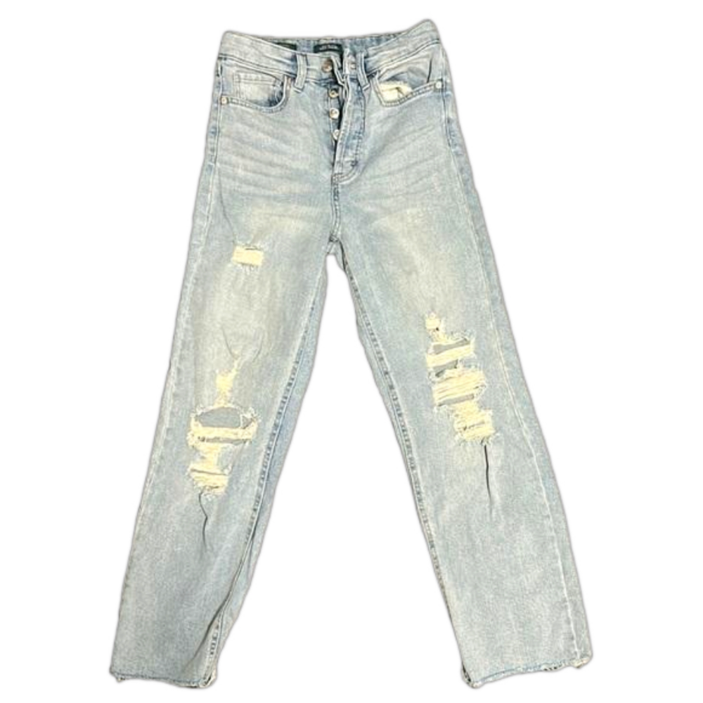 Straight cut high rise distressed jeans